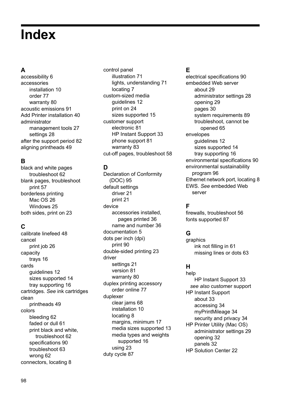 Index | HP Officejet Pro K8600 Printer User Manual | Page 102 / 108