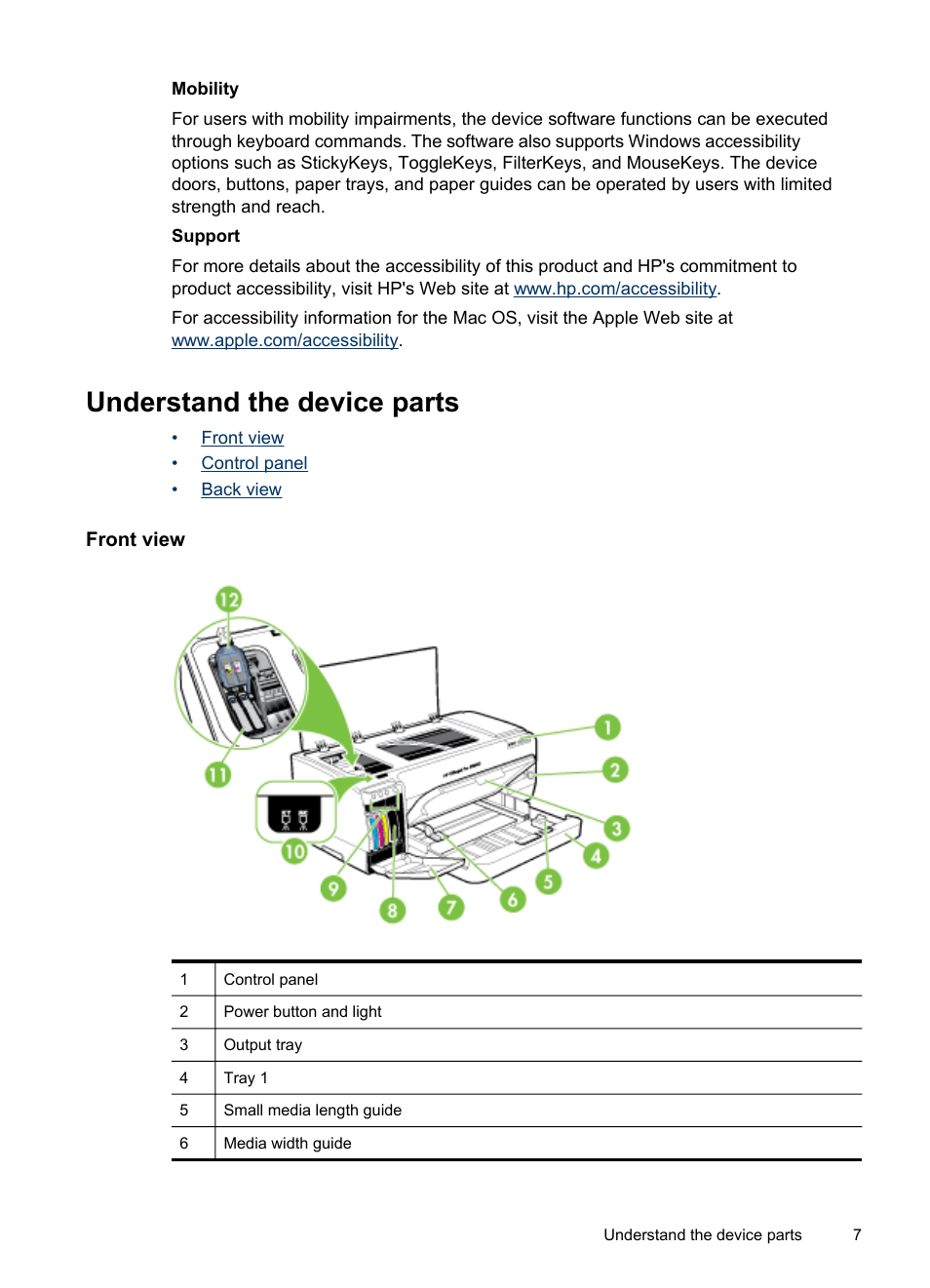 Understand the device parts, Front view, Front view control panel back view | HP Officejet Pro K8600 Printer User Manual | Page 11 / 108