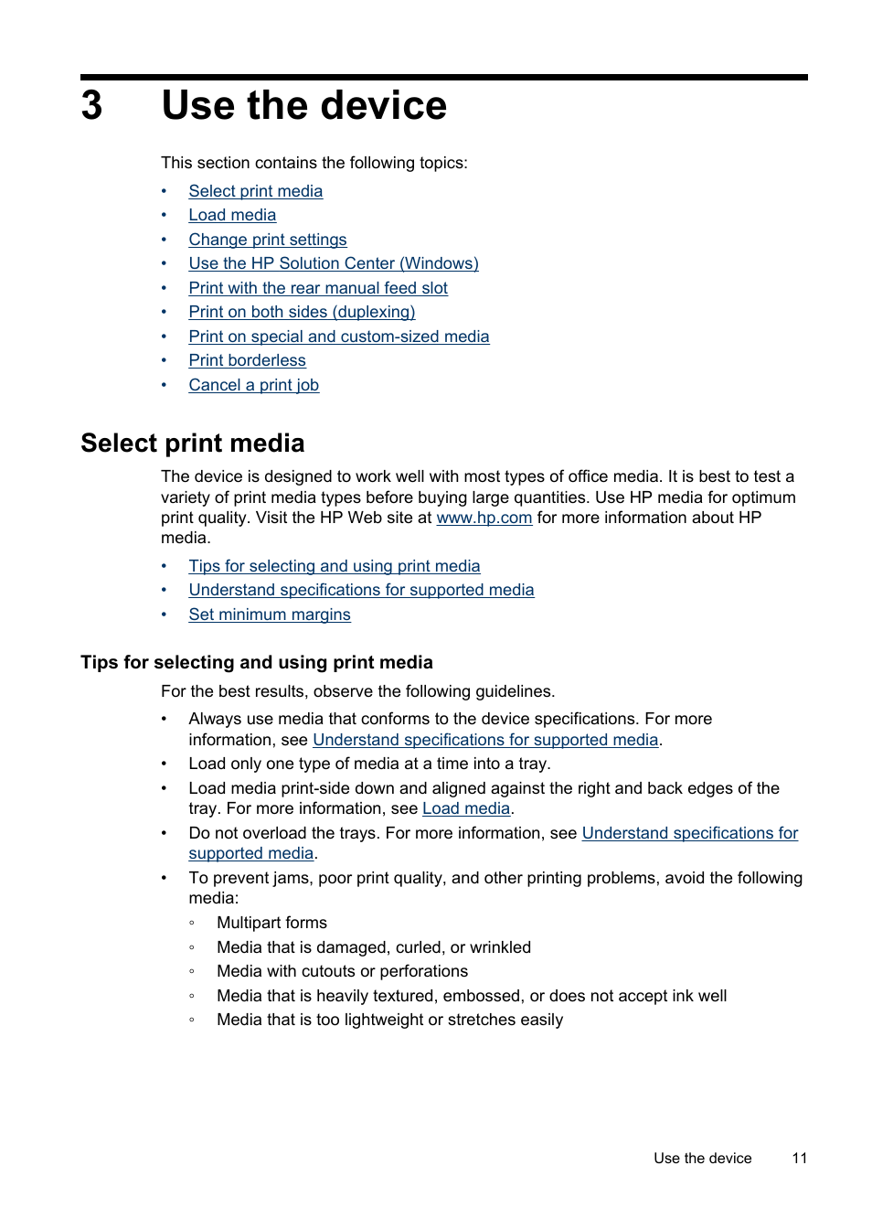 Use the device, Select print media, Tips for selecting and using print media | 3 use the device, Set minimum margins, 3use the device | HP Officejet Pro K8600 Printer User Manual | Page 15 / 108