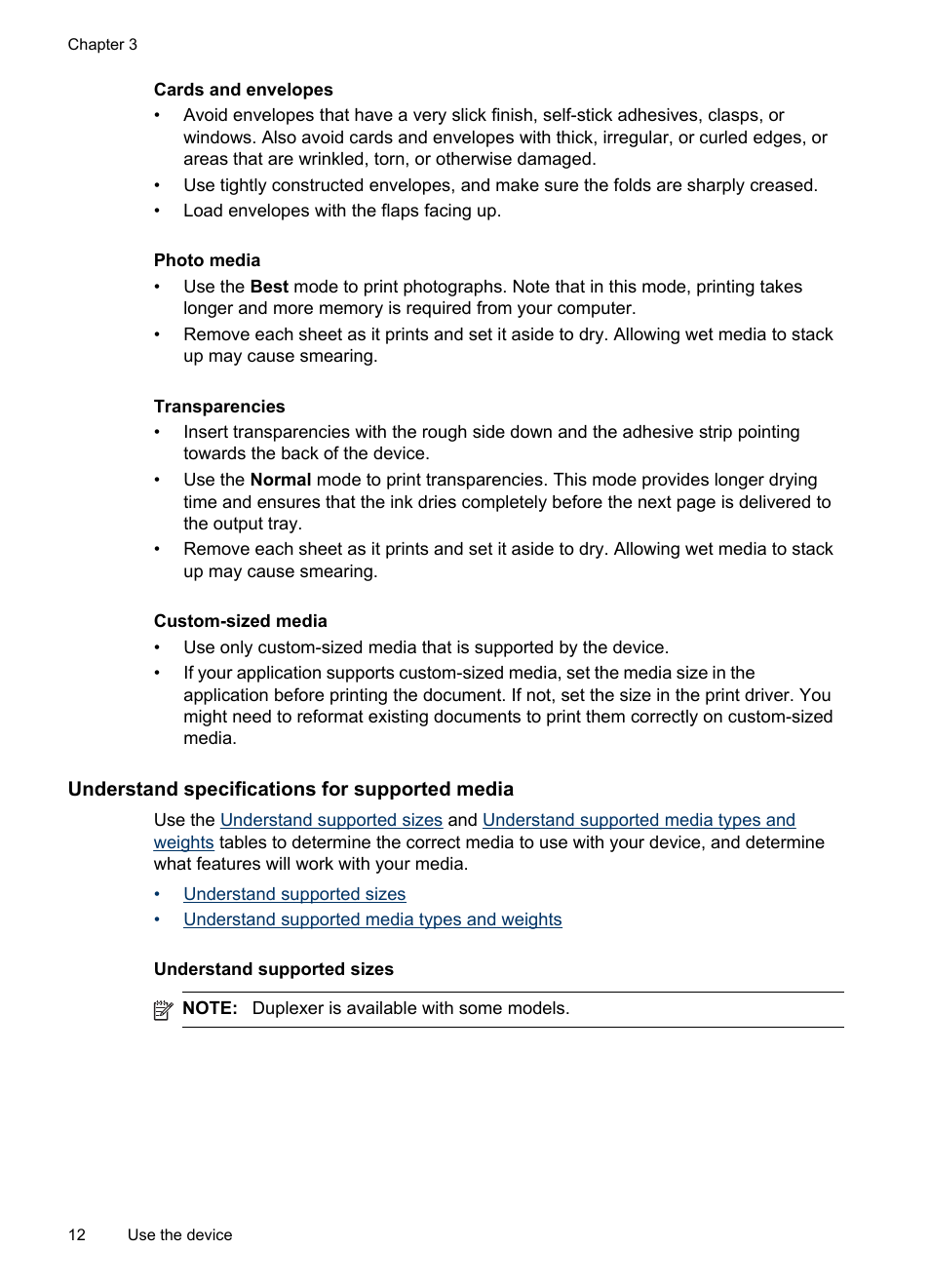 Understand specifications for supported media, Understand supported sizes, Understand specifications for | Supported media | HP Officejet Pro K8600 Printer User Manual | Page 16 / 108