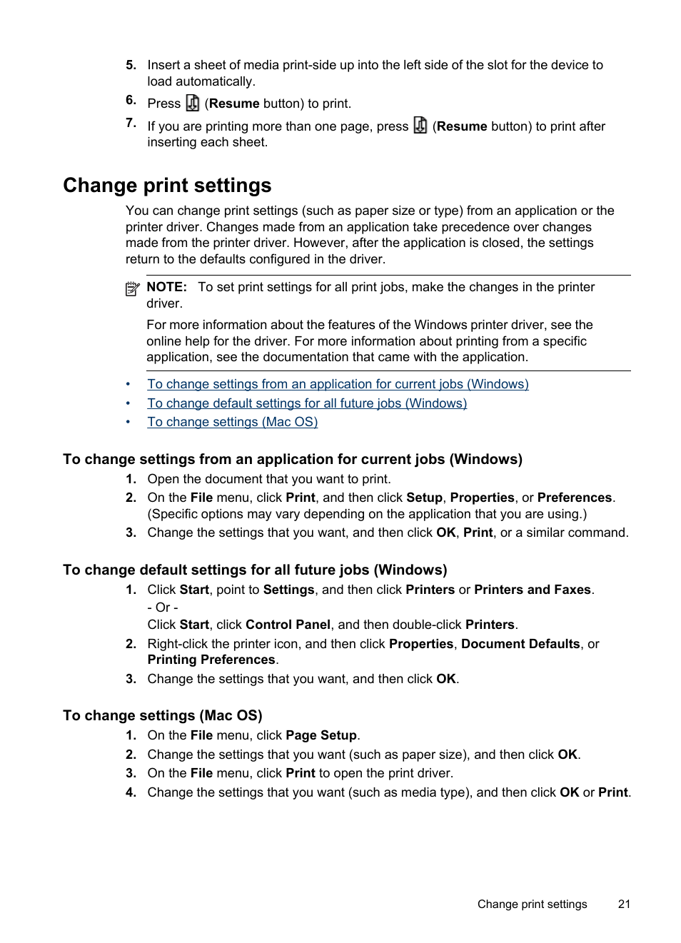 Change print settings, To change settings (mac os) | HP Officejet Pro K8600 Printer User Manual | Page 25 / 108