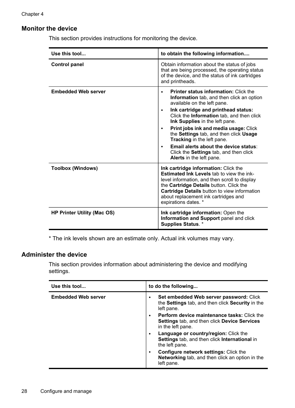 Monitor the device, Administer the device | HP Officejet Pro K8600 Printer User Manual | Page 32 / 108