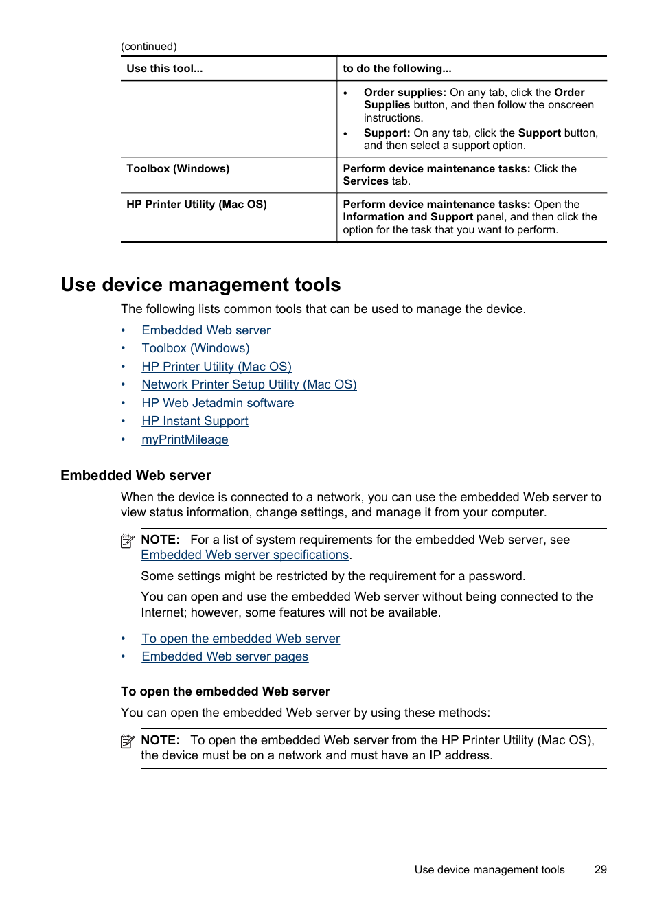 Use device management tools, Embedded web server, To open the embedded web server | Toolbox (windows), To open the toolbox toolbox tabs, Hp printer utility (mac os), Myprintmileage, And using the tools, see | HP Officejet Pro K8600 Printer User Manual | Page 33 / 108