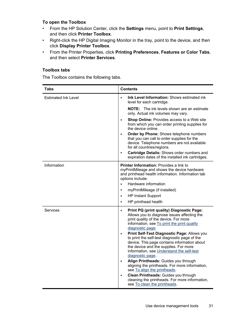 To open the toolbox, Toolbox tabs | HP Officejet Pro K8600 Printer User Manual | Page 35 / 108