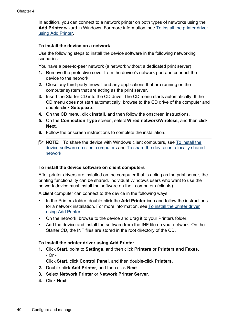 To install the device on a network, To install the device software on client computers, To install the printer driver using add printer | To install the device on, A network, This method | HP Officejet Pro K8600 Printer User Manual | Page 44 / 108