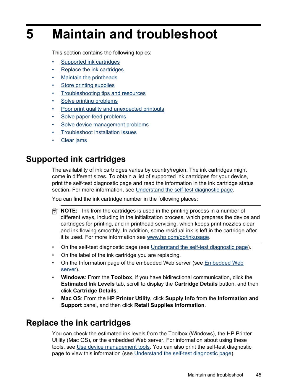 Maintain and troubleshoot, Supported ink cartridges, Replace the ink cartridges | 5 maintain and troubleshoot, 5maintain and troubleshoot | HP Officejet Pro K8600 Printer User Manual | Page 49 / 108