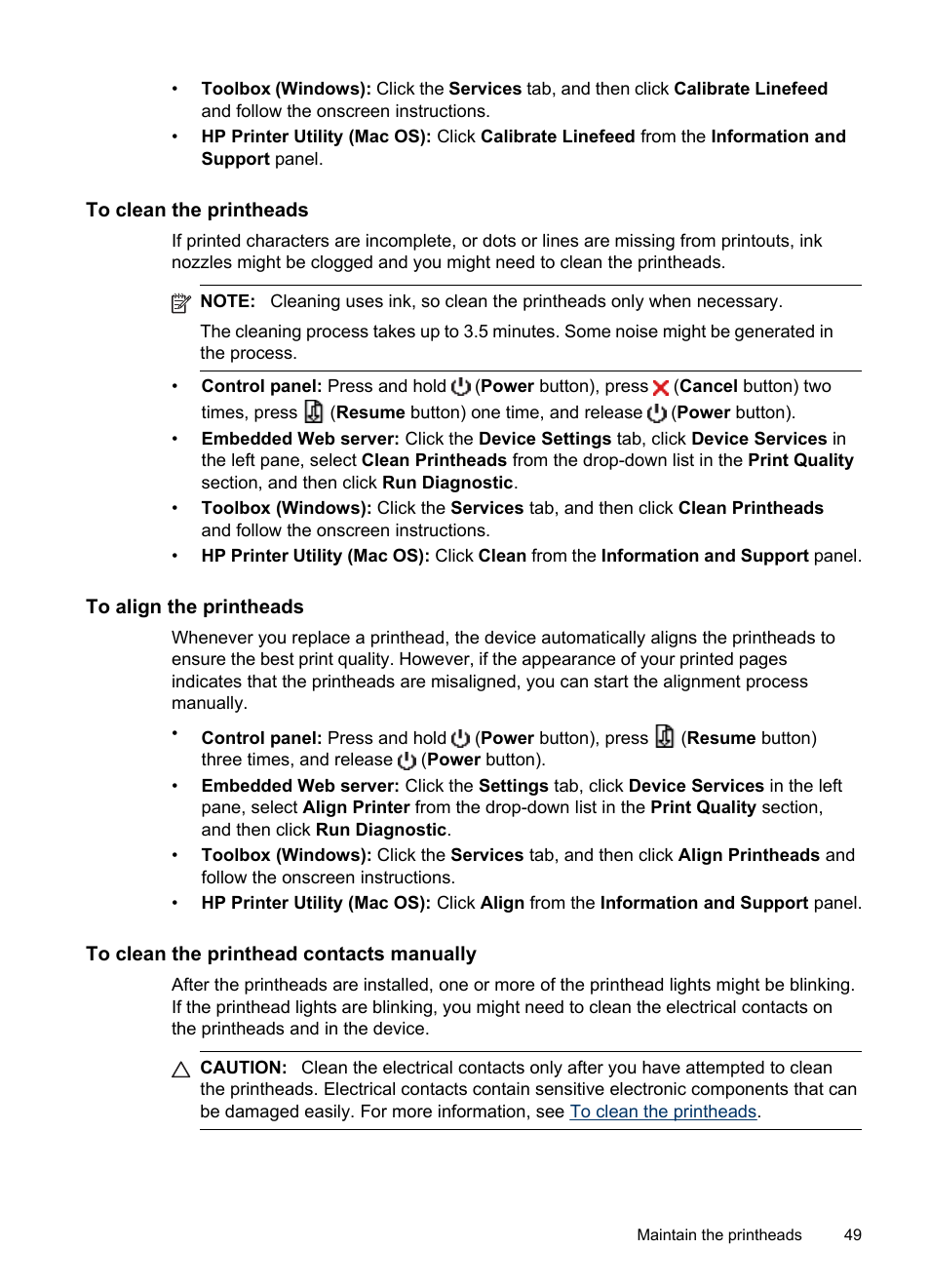 To clean the printheads, To align the printheads, To clean the printhead contacts manually | Clean the printheads, Align the printheads | HP Officejet Pro K8600 Printer User Manual | Page 53 / 108