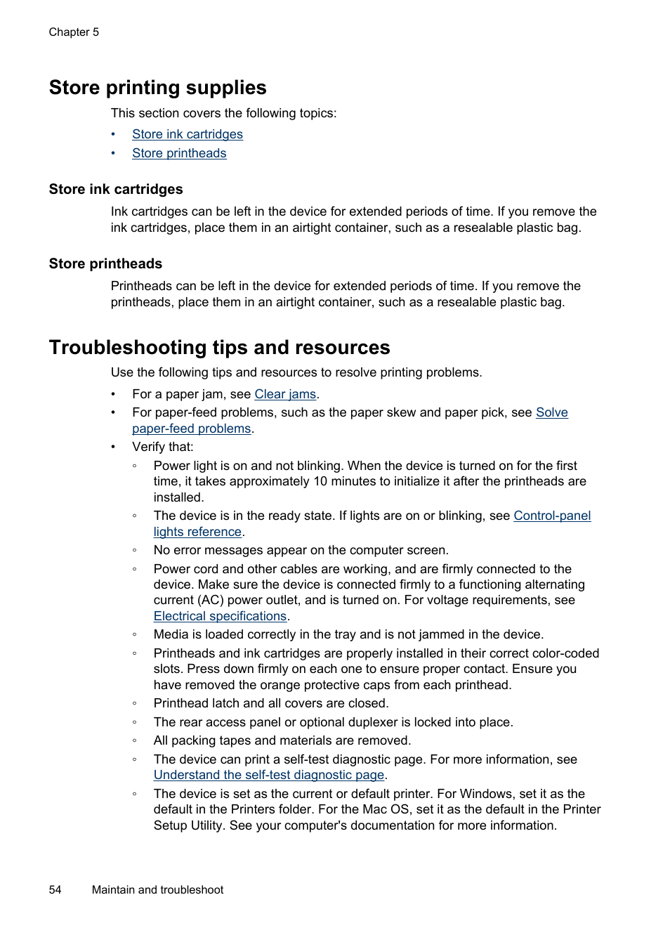 Store printing supplies, Store ink cartridges, Store printheads | Troubleshooting tips and resources, Store ink cartridges store printheads | HP Officejet Pro K8600 Printer User Manual | Page 58 / 108