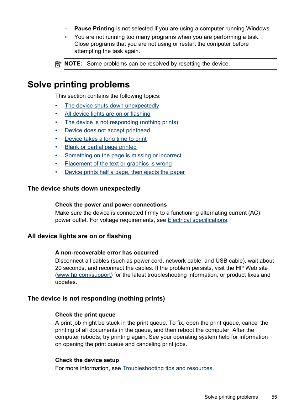 Solve printing problems, The device shuts down unexpectedly, All device lights are on or flashing | The device is not responding (nothing prints) | HP Officejet Pro K8600 Printer User Manual | Page 59 / 108