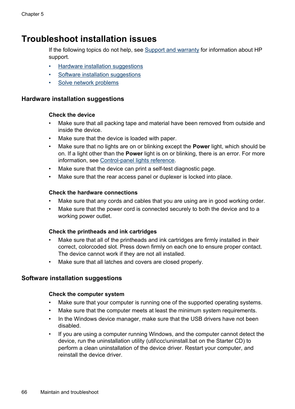 Troubleshoot installation issues, Hardware installation suggestions, Software installation suggestions | HP Officejet Pro K8600 Printer User Manual | Page 70 / 108