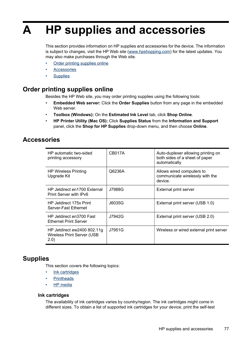 Hp supplies and accessories, Order printing supplies online, Accessories | Supplies, Ink cartridges, A hp supplies and accessories, Ink cartridges printheads hp media, Hp supplies and, Ahp supplies and accessories | HP Officejet Pro K8600 Printer User Manual | Page 81 / 108