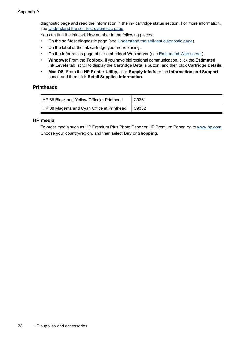 Printheads, Hp media | HP Officejet Pro K8600 Printer User Manual | Page 82 / 108