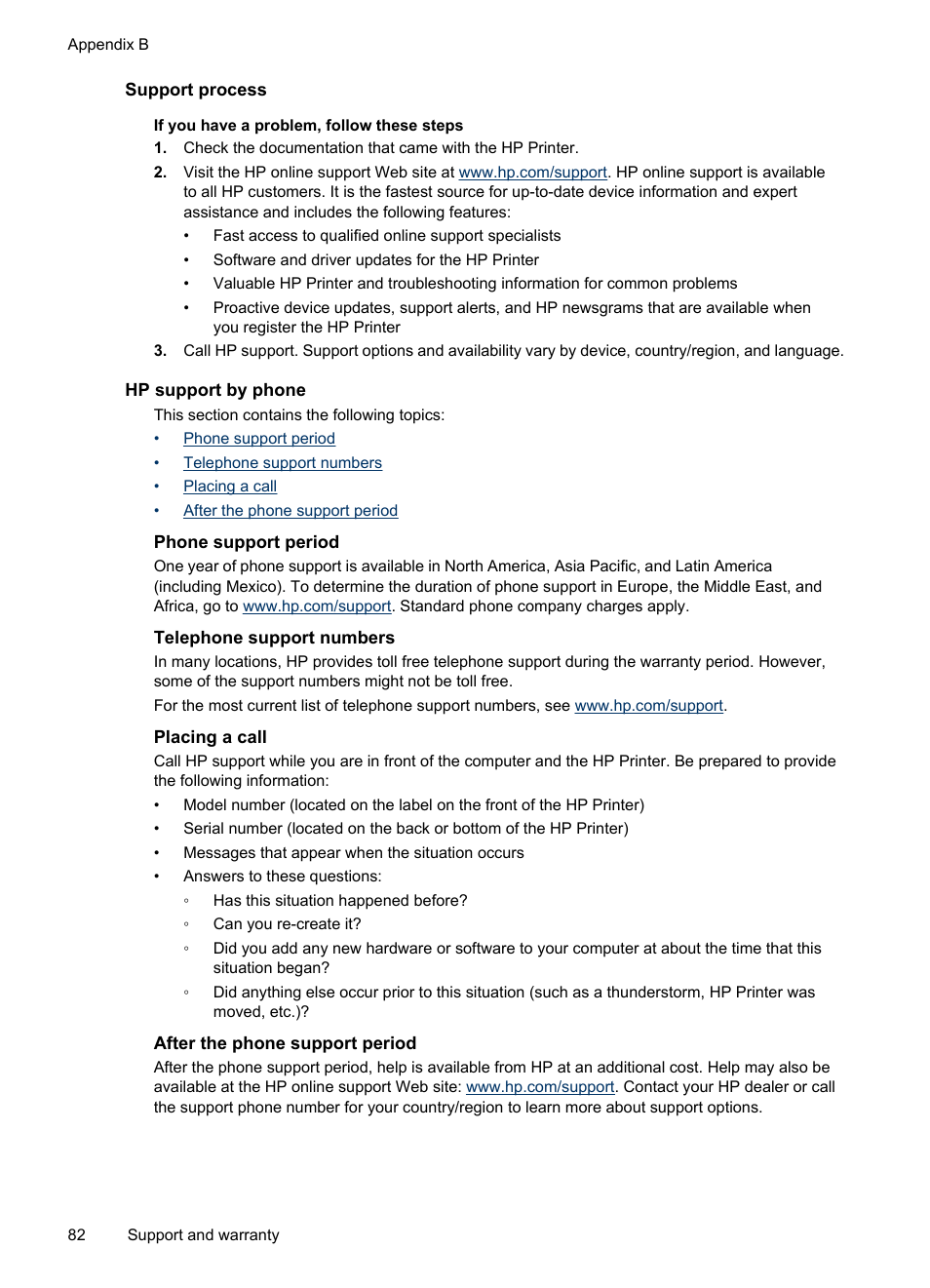 Support process, Hp support by phone, Phone support period | Telephone support numbers, Placing a call, After the phone support period | HP Officejet Pro K8600 Printer User Manual | Page 86 / 108