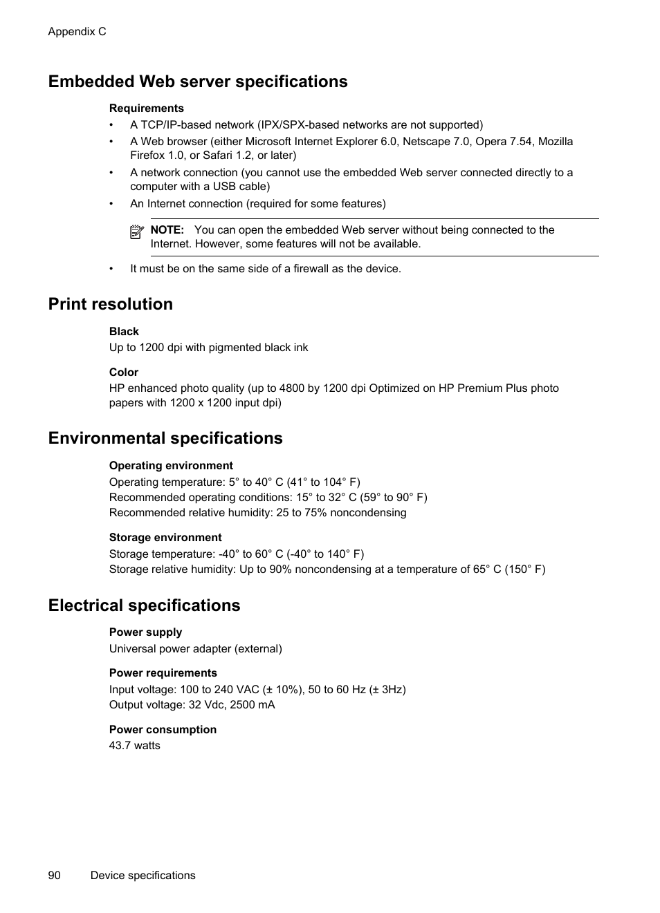 Embedded web server specifications, Print resolution, Environmental specifications | Electrical specifications | HP Officejet Pro K8600 Printer User Manual | Page 94 / 108