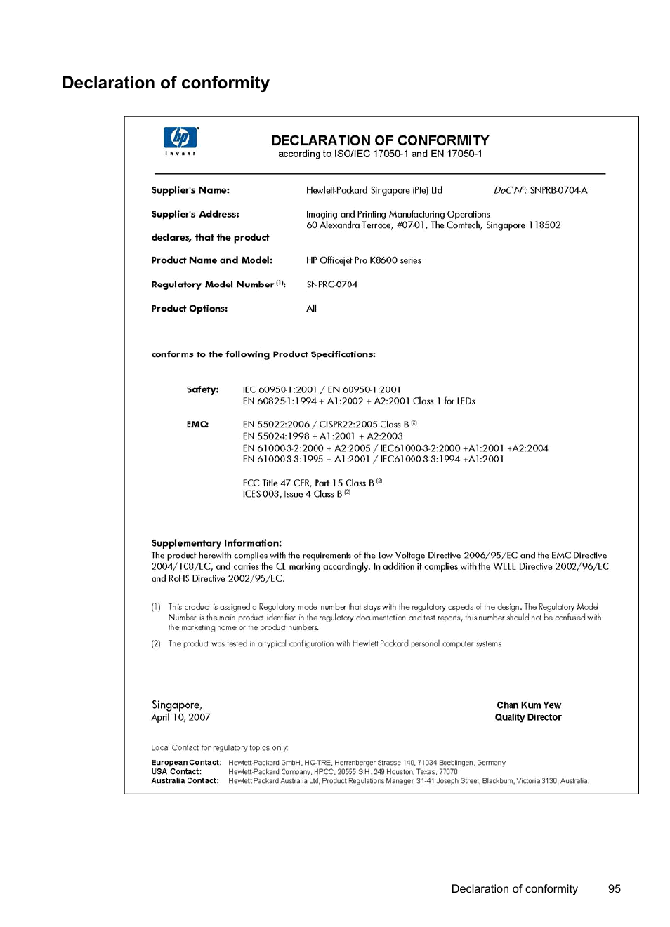 Declaration of conformity | HP Officejet Pro K8600 Printer User Manual | Page 99 / 108