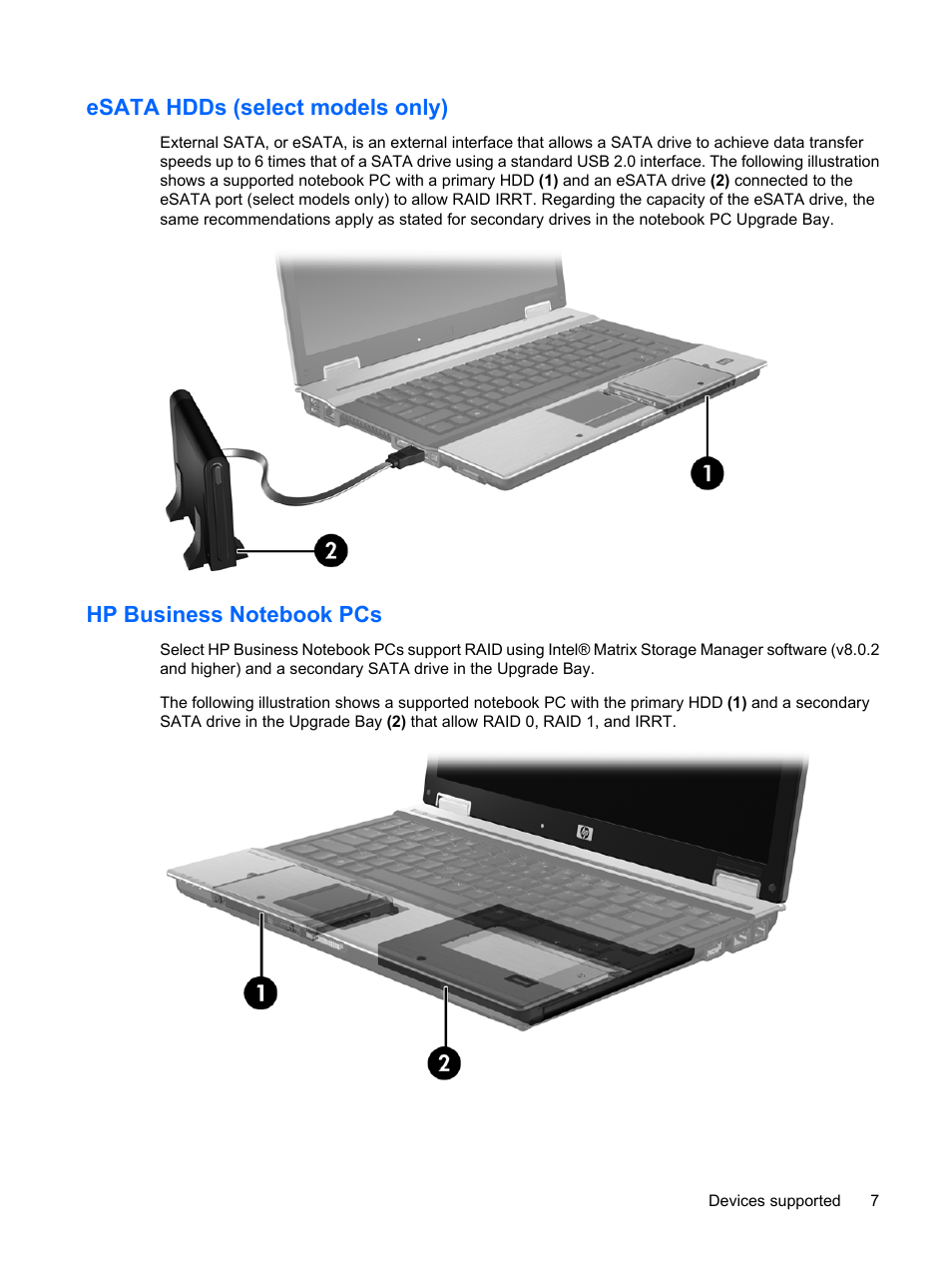 Esata hdds (select models only), Hp business notebook pcs | HP Compaq 515 Notebook-PC User Manual | Page 11 / 35