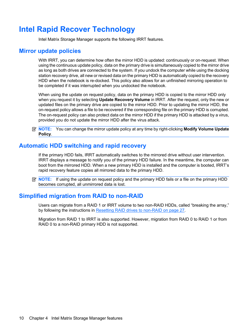 Intel rapid recover technology, Mirror update policies, Automatic hdd switching and rapid recovery | Simplified migration from raid to non-raid | HP Compaq 515 Notebook-PC User Manual | Page 14 / 35