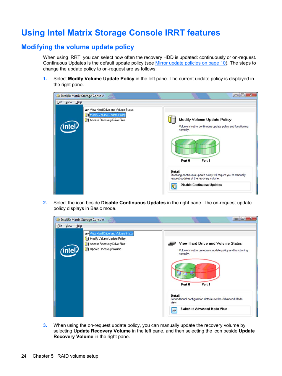 Using intel matrix storage console irrt features, Modifying the volume update policy | HP Compaq 515 Notebook-PC User Manual | Page 28 / 35