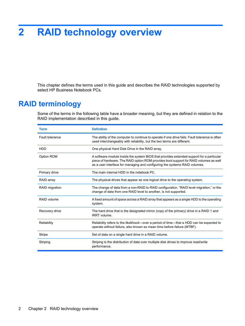 Raid technology overview, Raid terminology, 2 raid technology overview | 2raid technology overview | HP Compaq 515 Notebook-PC User Manual | Page 6 / 35