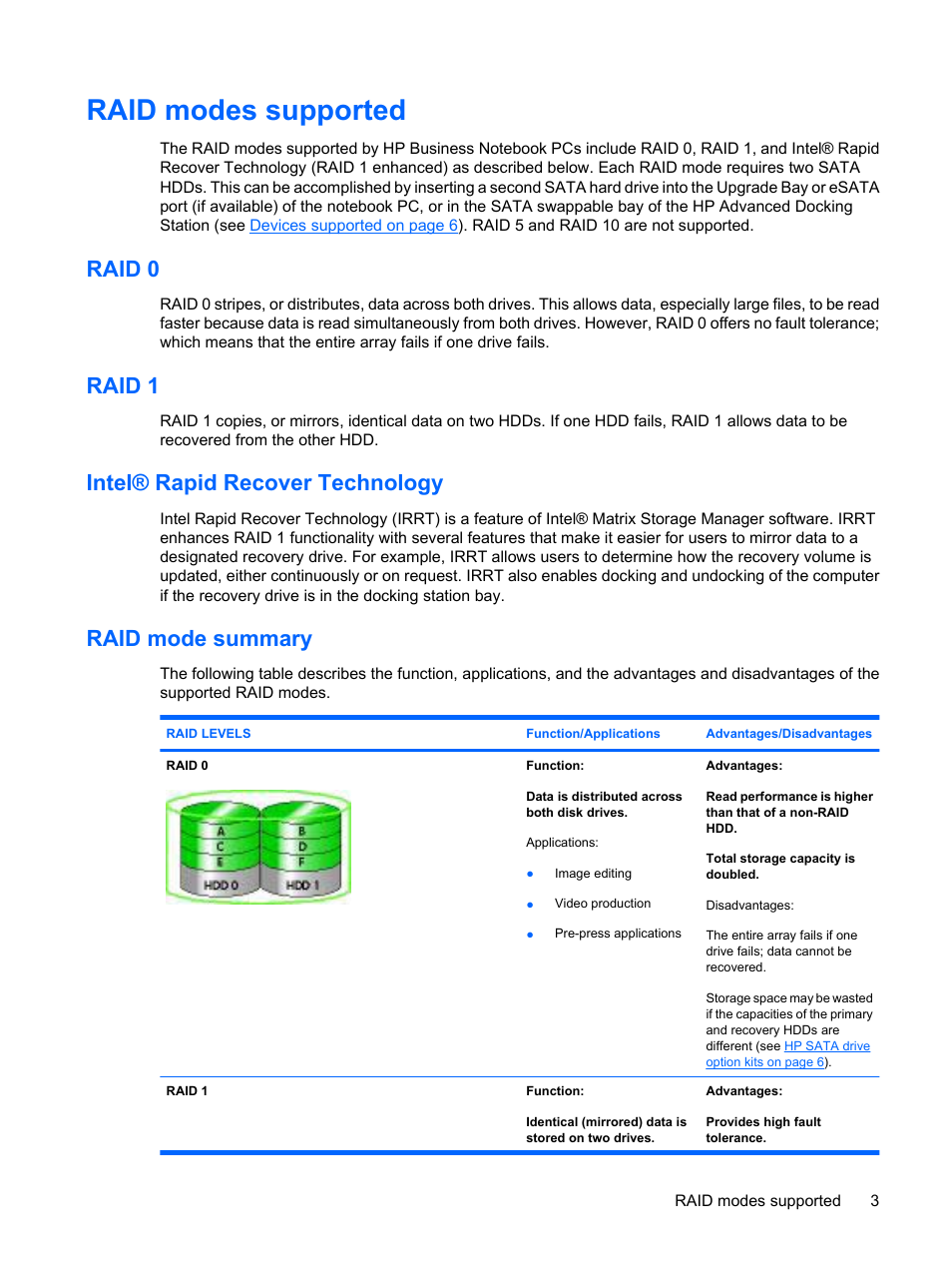 Raid modes supported, Raid 0, Raid 1 | Intel® rapid recover technology, Raid mode summary | HP Compaq 515 Notebook-PC User Manual | Page 7 / 35