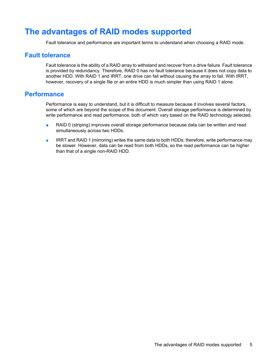 The advantages of raid modes supported, Fault tolerance, Performance | HP Compaq 515 Notebook-PC User Manual | Page 9 / 35