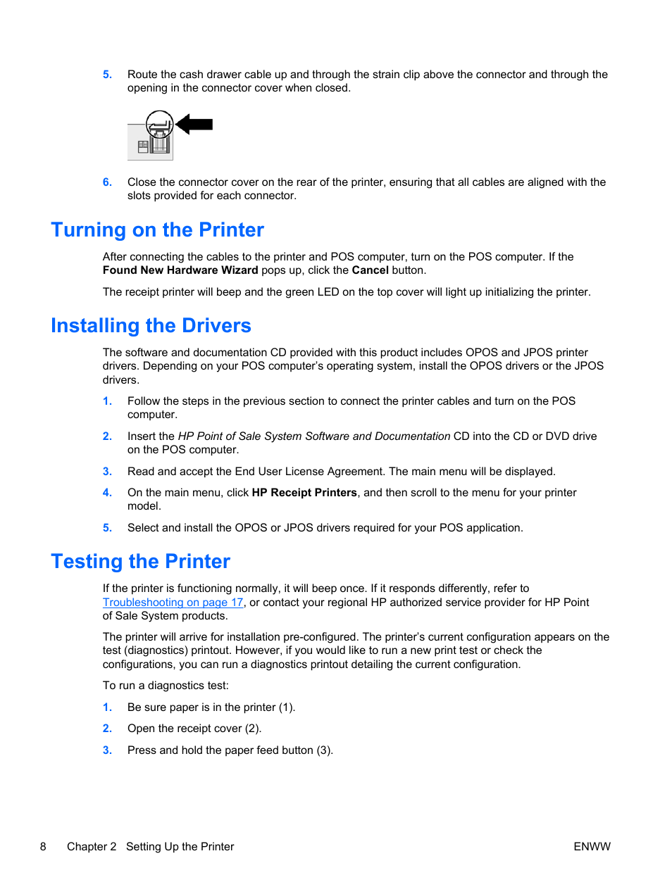 Turning on the printer, Installing the drivers, Testing the printer | HP rp5700 Point of Sale System User Manual | Page 14 / 39