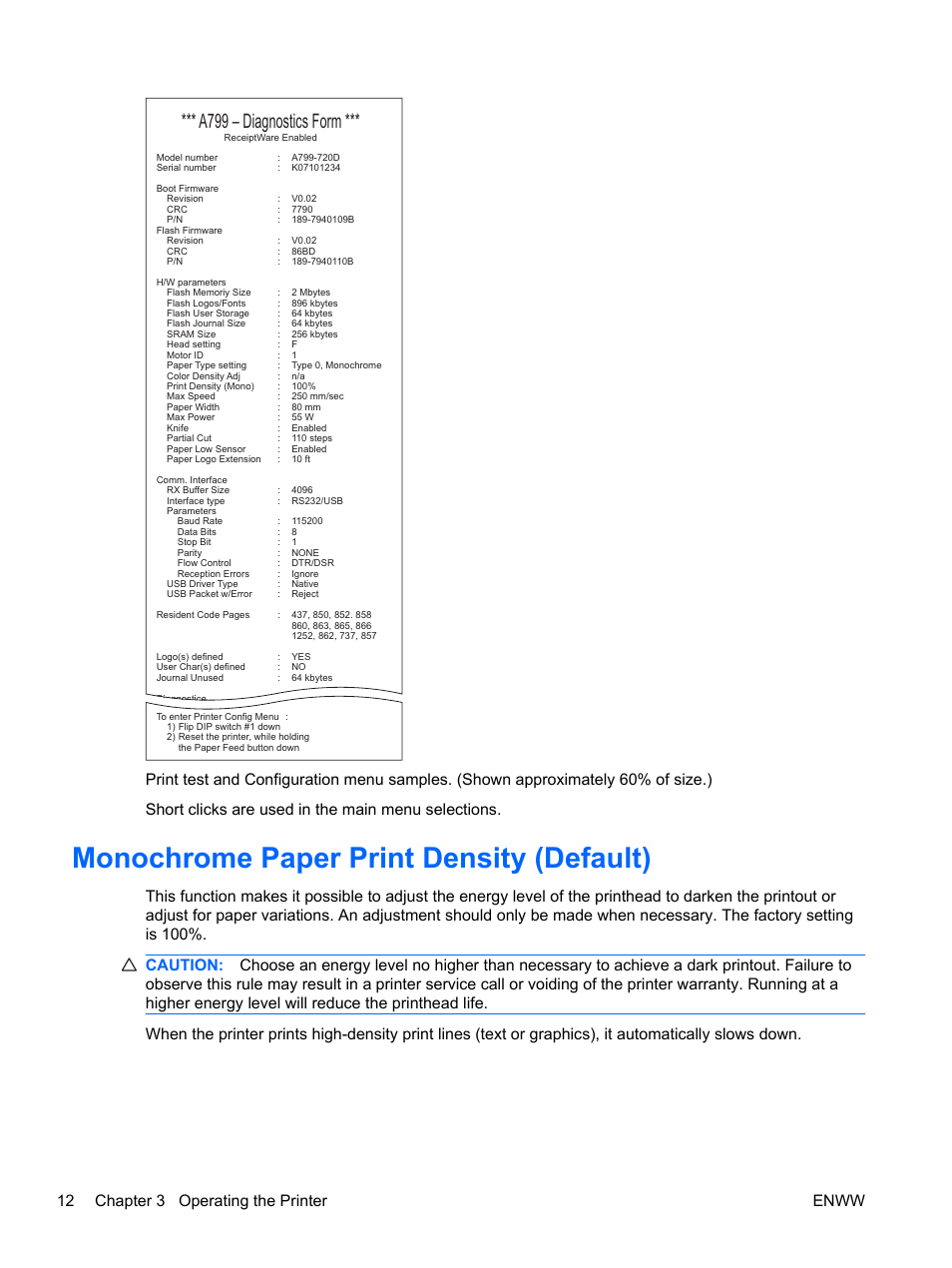 Monochrome paper print density (default), A799 – diagnostics form | HP rp5700 Point of Sale System User Manual | Page 18 / 39