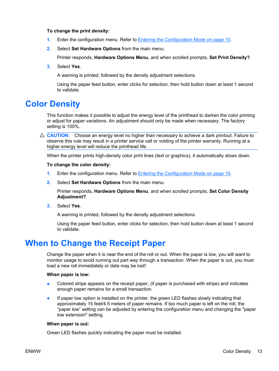 Color density, When to change the receipt paper, Color density when to change the receipt paper | HP rp5700 Point of Sale System User Manual | Page 19 / 39