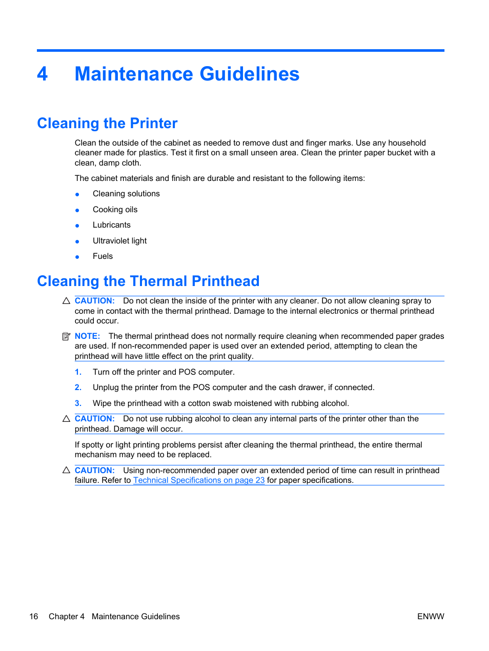 Maintenance guidelines, Cleaning the printer, Cleaning the thermal printhead | 4 maintenance guidelines, 4maintenance guidelines | HP rp5700 Point of Sale System User Manual | Page 22 / 39