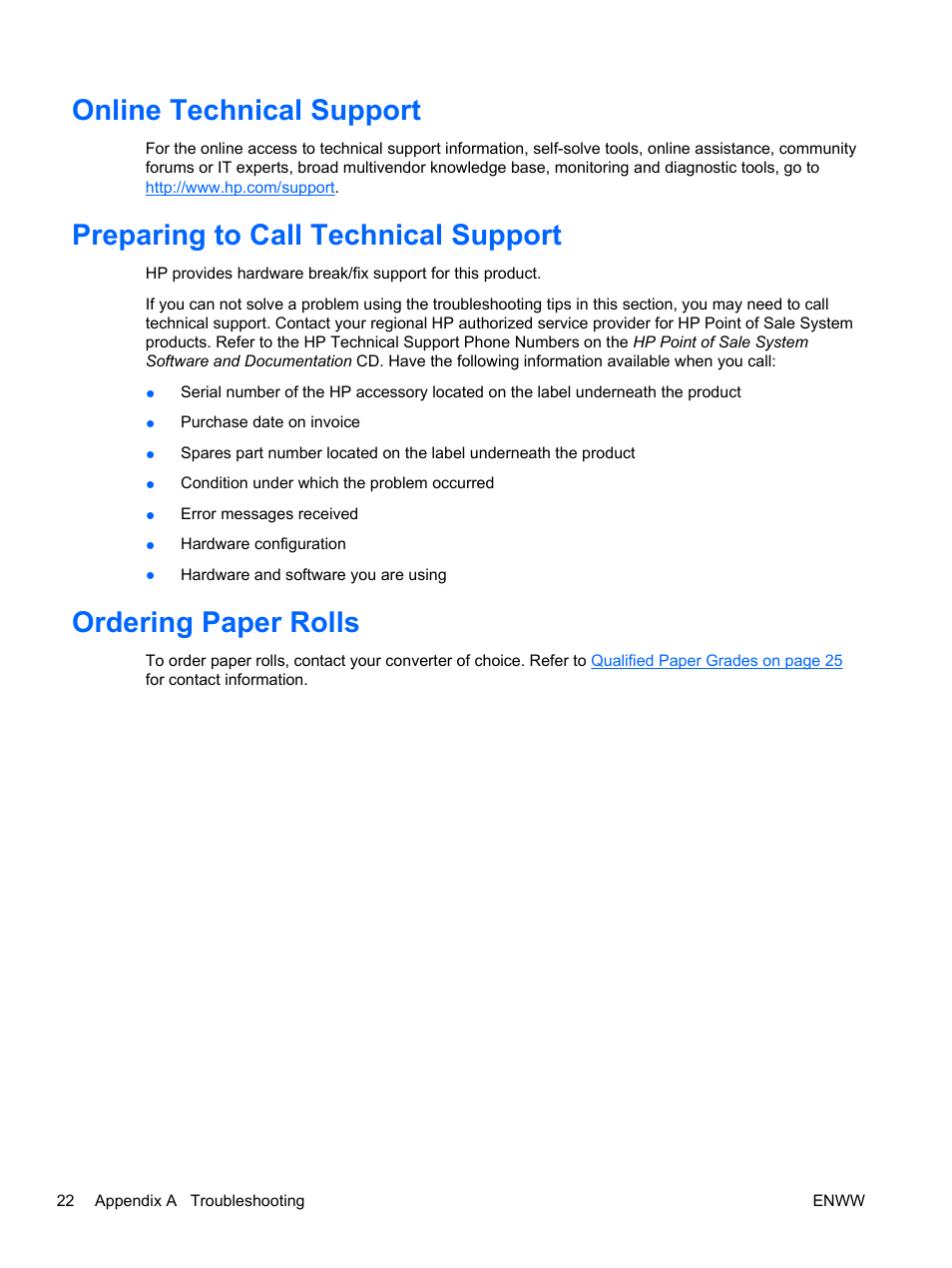 Online technical support, Preparing to call technical support, Ordering paper rolls | HP rp5700 Point of Sale System User Manual | Page 28 / 39