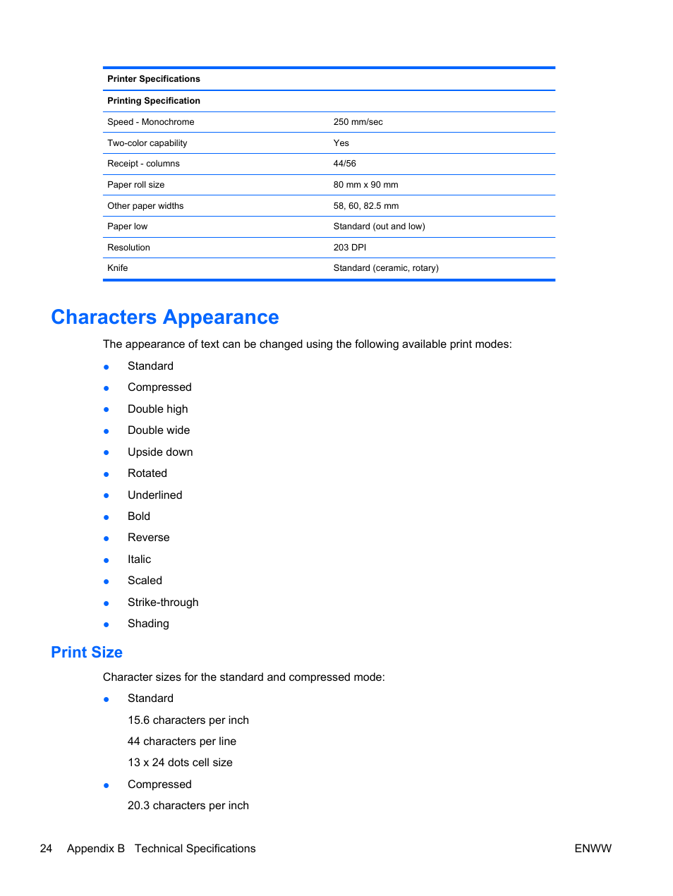 Characters appearance, Print size | HP rp5700 Point of Sale System User Manual | Page 30 / 39