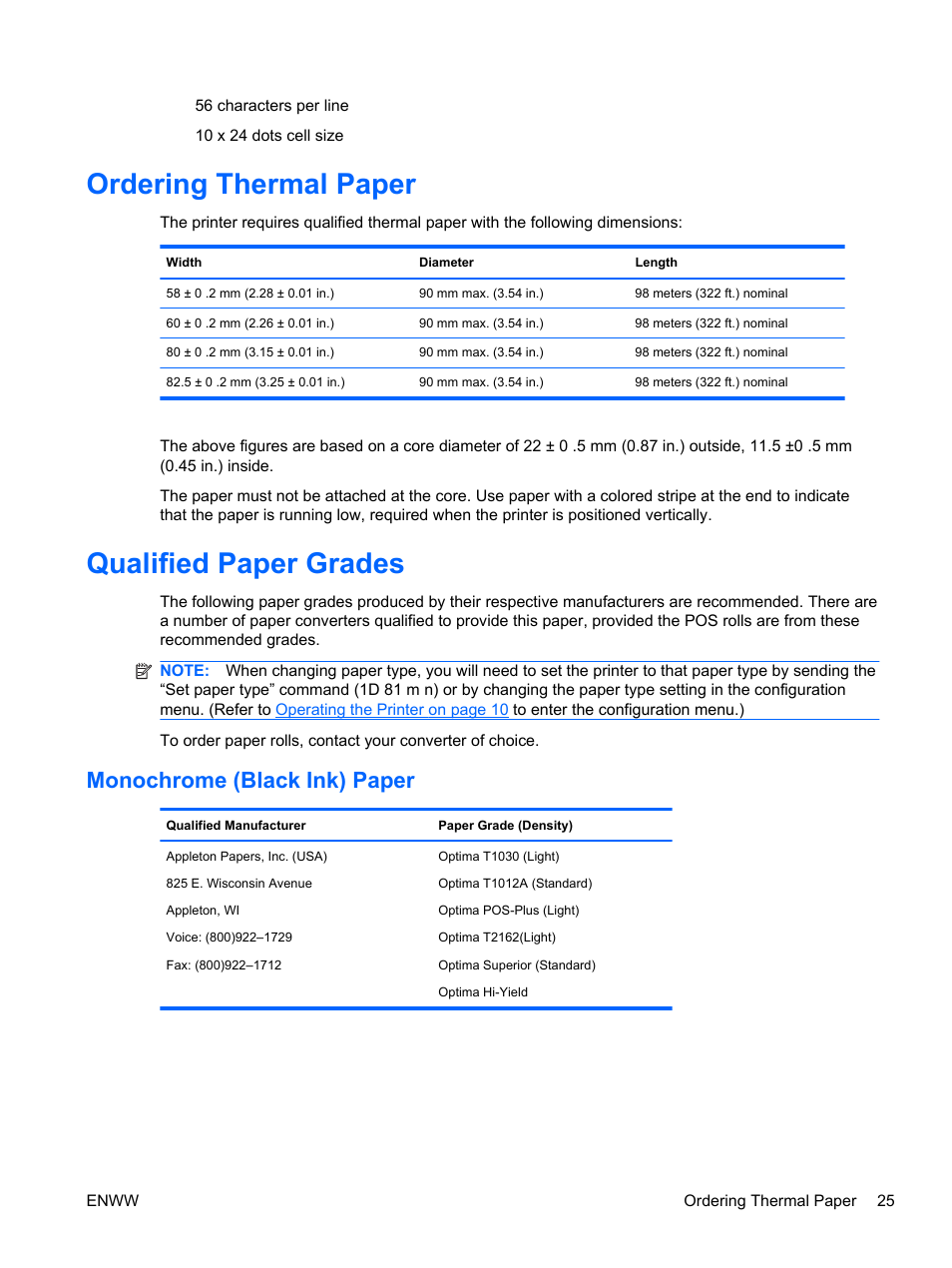 Ordering thermal paper, Qualified paper grades, Monochrome (black ink) paper | Ordering thermal paper qualified paper grades | HP rp5700 Point of Sale System User Manual | Page 31 / 39