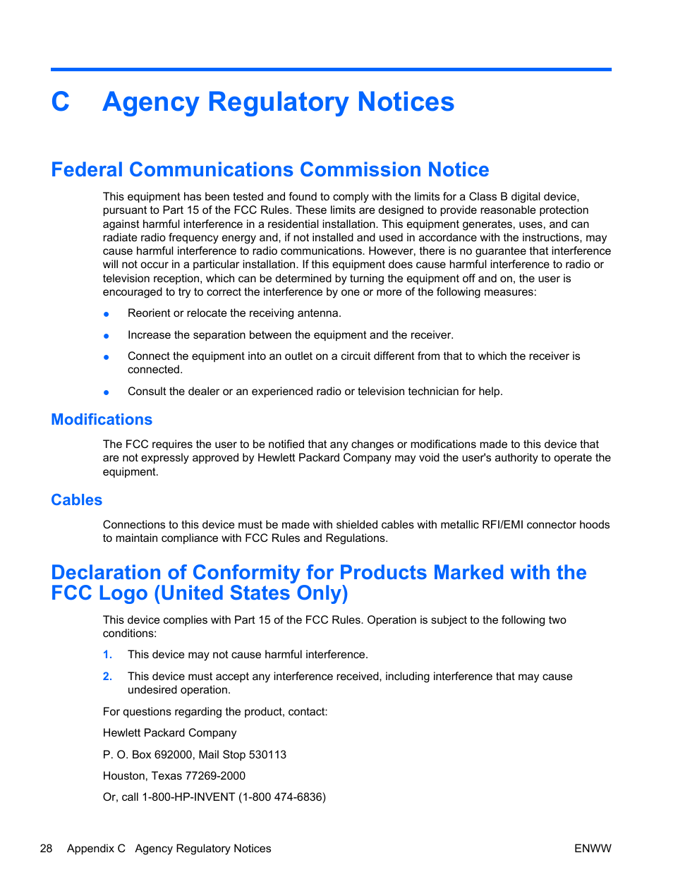 Agency regulatory notices, Federal communications commission notice, Modifications | Cables, Appendix c agency regulatory notices, Modifications cables, Cagency regulatory notices | HP rp5700 Point of Sale System User Manual | Page 34 / 39