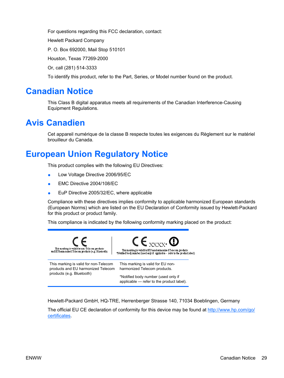 Canadian notice, Avis canadien, European union regulatory notice | HP rp5700 Point of Sale System User Manual | Page 35 / 39