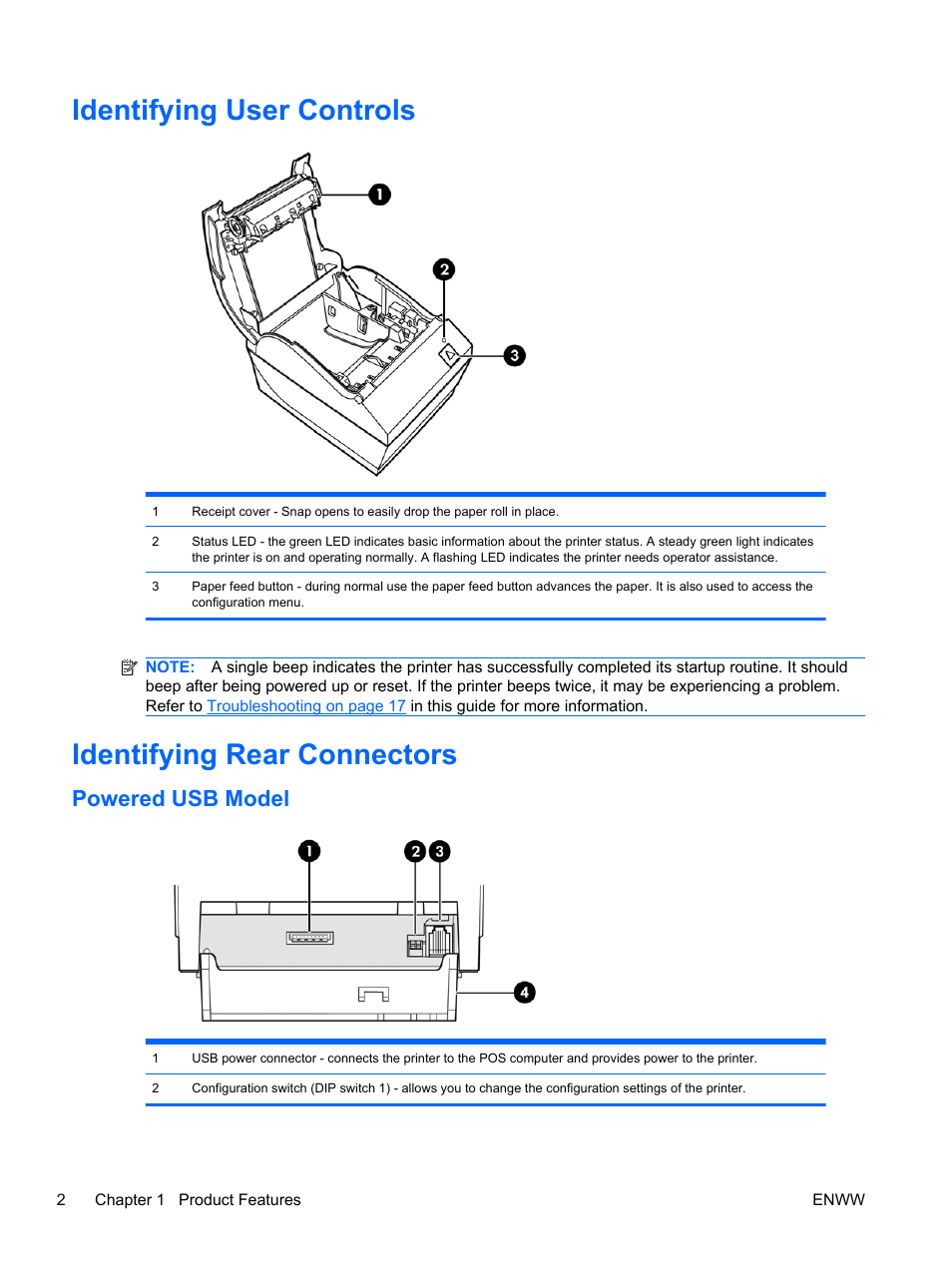 Identifying user controls, Identifying rear connectors, Powered usb model | HP rp5700 Point of Sale System User Manual | Page 8 / 39
