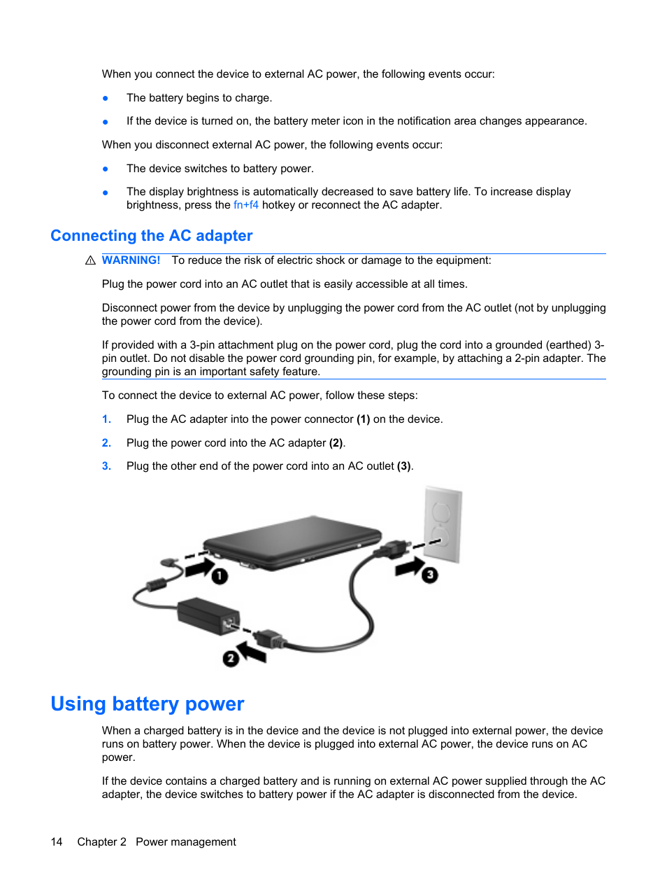 Connecting the ac adapter, Using battery power | HP Mini 1132TU PC User Manual | Page 24 / 86