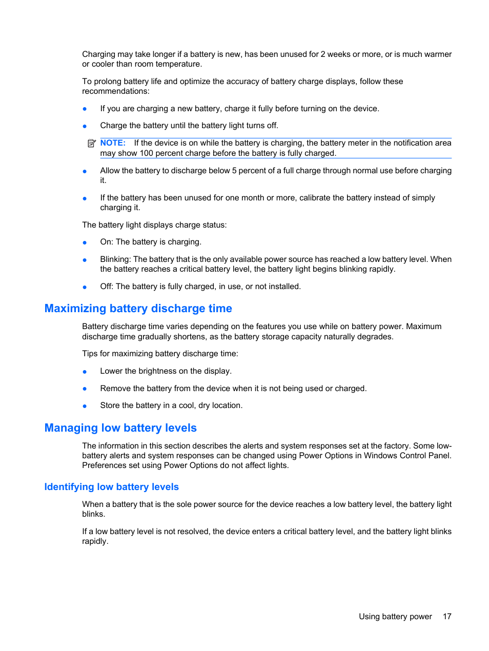 Maximizing battery discharge time, Managing low battery levels, Identifying low battery levels | HP Mini 1132TU PC User Manual | Page 27 / 86