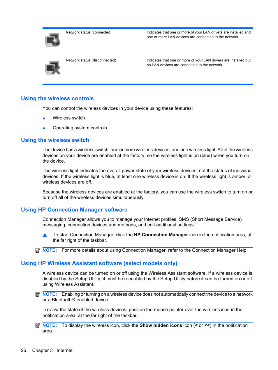 Using the wireless controls, Using the wireless switch, Using hp connection manager software | HP Mini 1132TU PC User Manual | Page 36 / 86