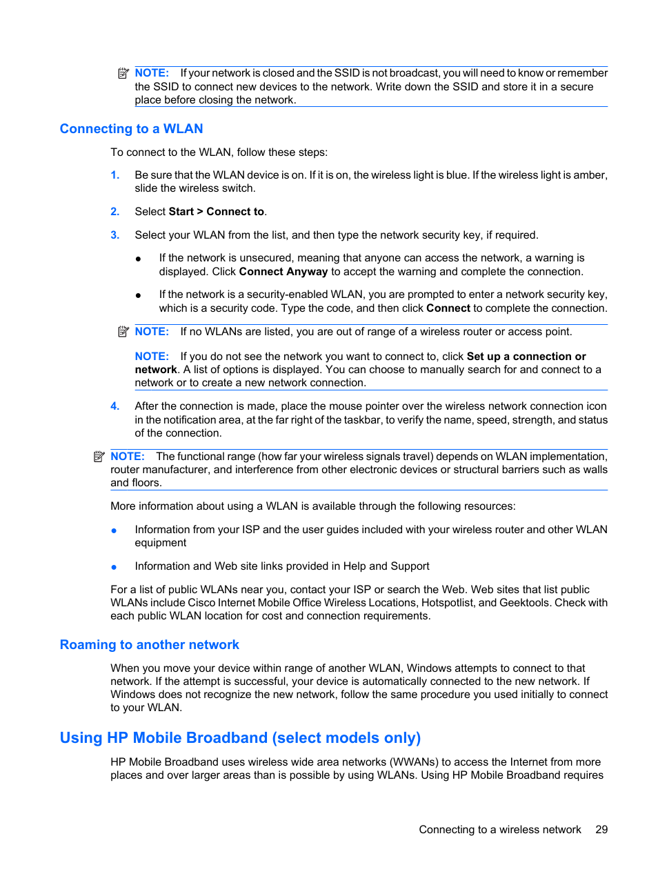 Connecting to a wlan, Roaming to another network, Using hp mobile broadband (select models only) | Connecting to a wlan roaming to another network | HP Mini 1132TU PC User Manual | Page 39 / 86