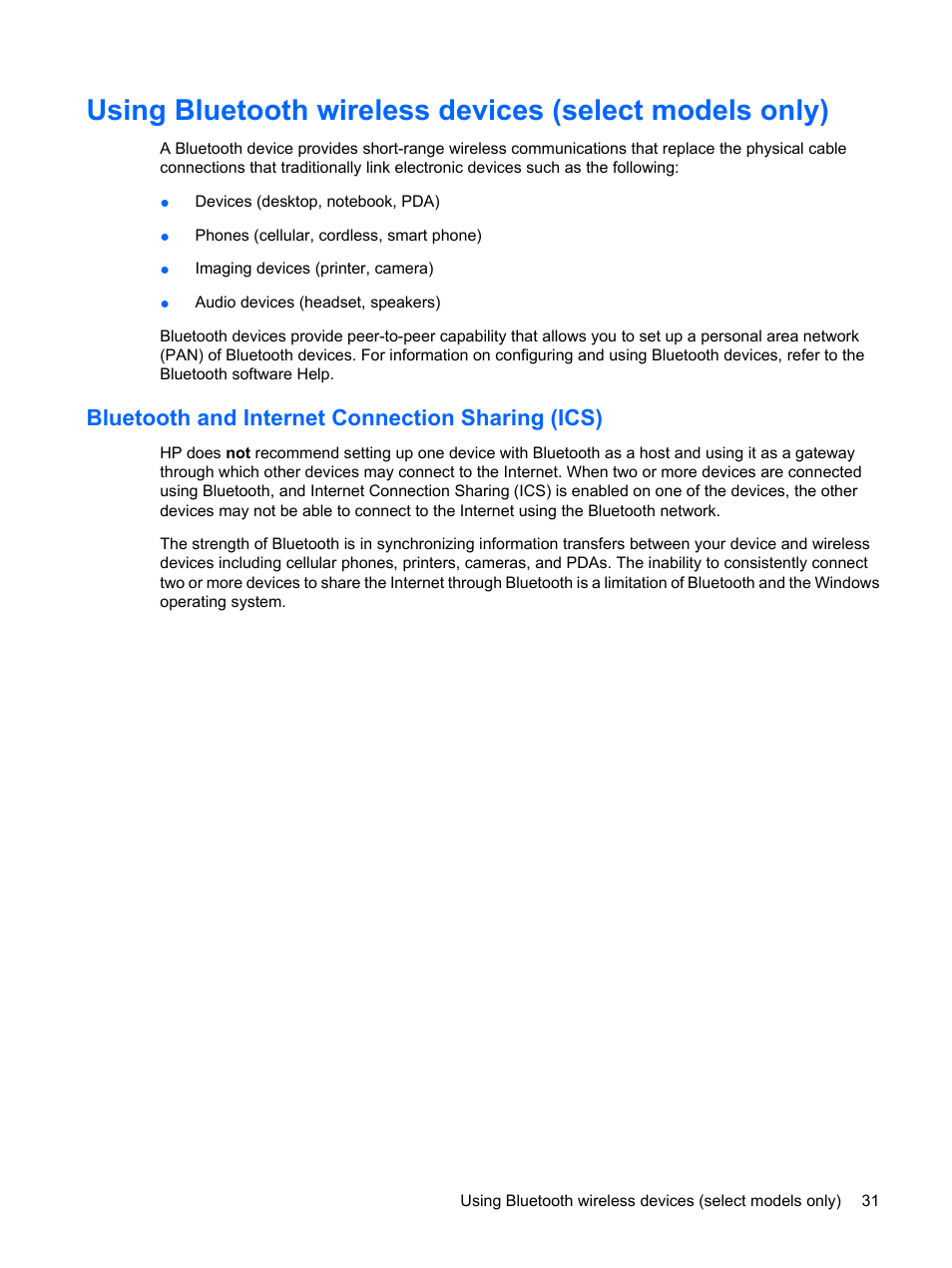 Bluetooth and internet connection sharing (ics) | HP Mini 1132TU PC User Manual | Page 41 / 86