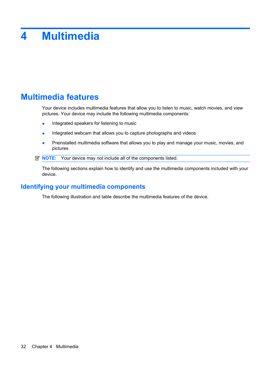 Multimedia, Multimedia features, Identifying your multimedia components | 4 multimedia, 4multimedia | HP Mini 1132TU PC User Manual | Page 42 / 86