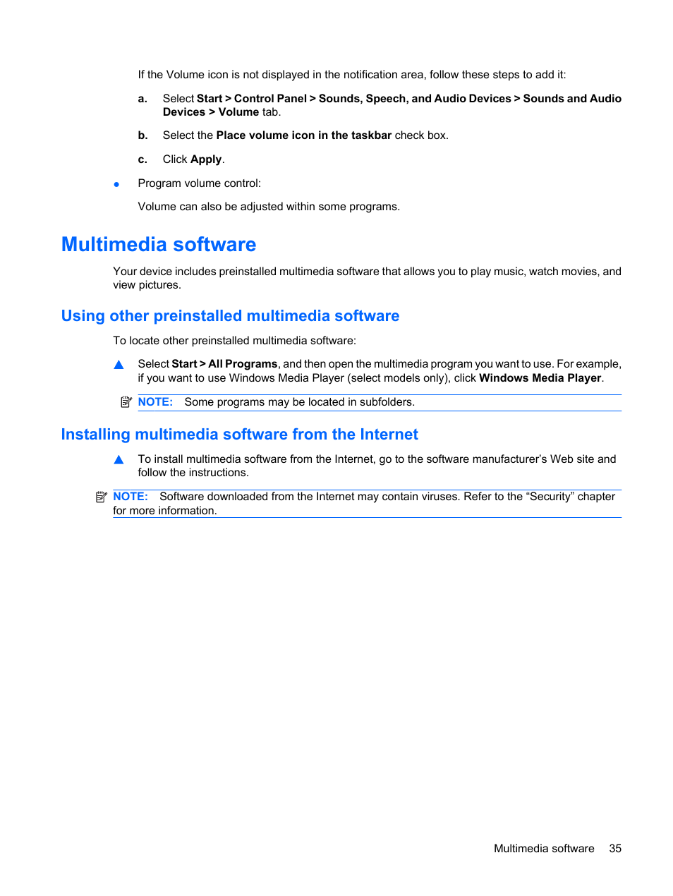 Multimedia software, Using other preinstalled multimedia software, Installing multimedia software from the internet | HP Mini 1132TU PC User Manual | Page 45 / 86