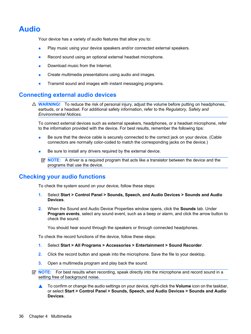 Audio, Connecting external audio devices, Checking your audio functions | HP Mini 1132TU PC User Manual | Page 46 / 86