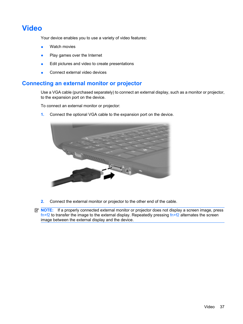 Video, Connecting an external monitor or projector | HP Mini 1132TU PC User Manual | Page 47 / 86