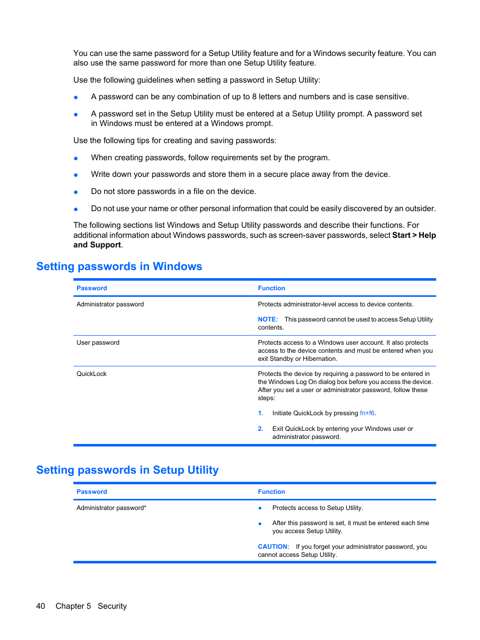 Setting passwords in windows, Setting passwords in setup utility | HP Mini 1132TU PC User Manual | Page 50 / 86