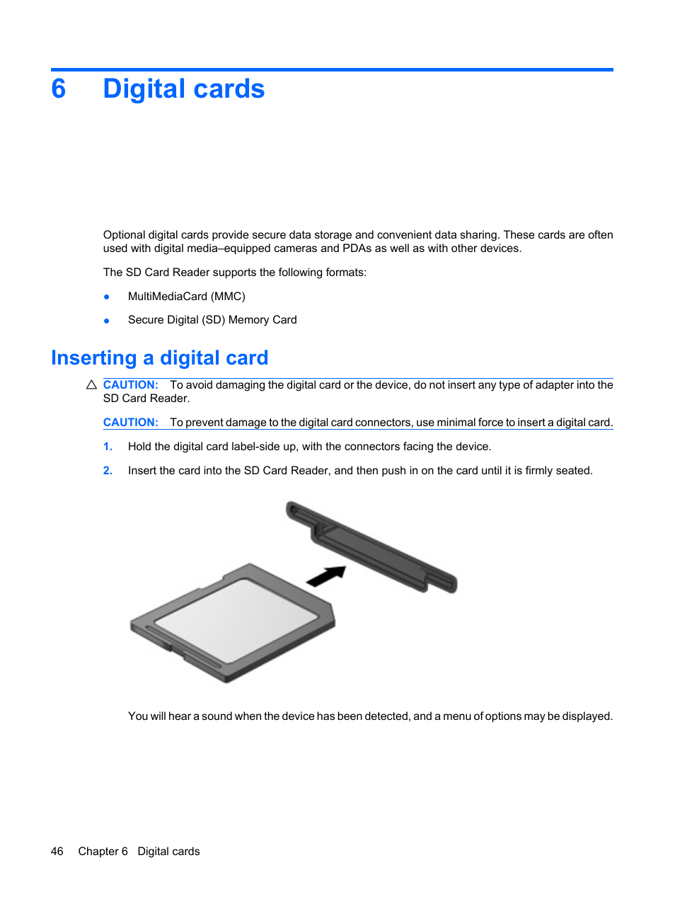 Digital cards, Inserting a digital card, 6 digital cards | 6digital cards | HP Mini 1132TU PC User Manual | Page 56 / 86