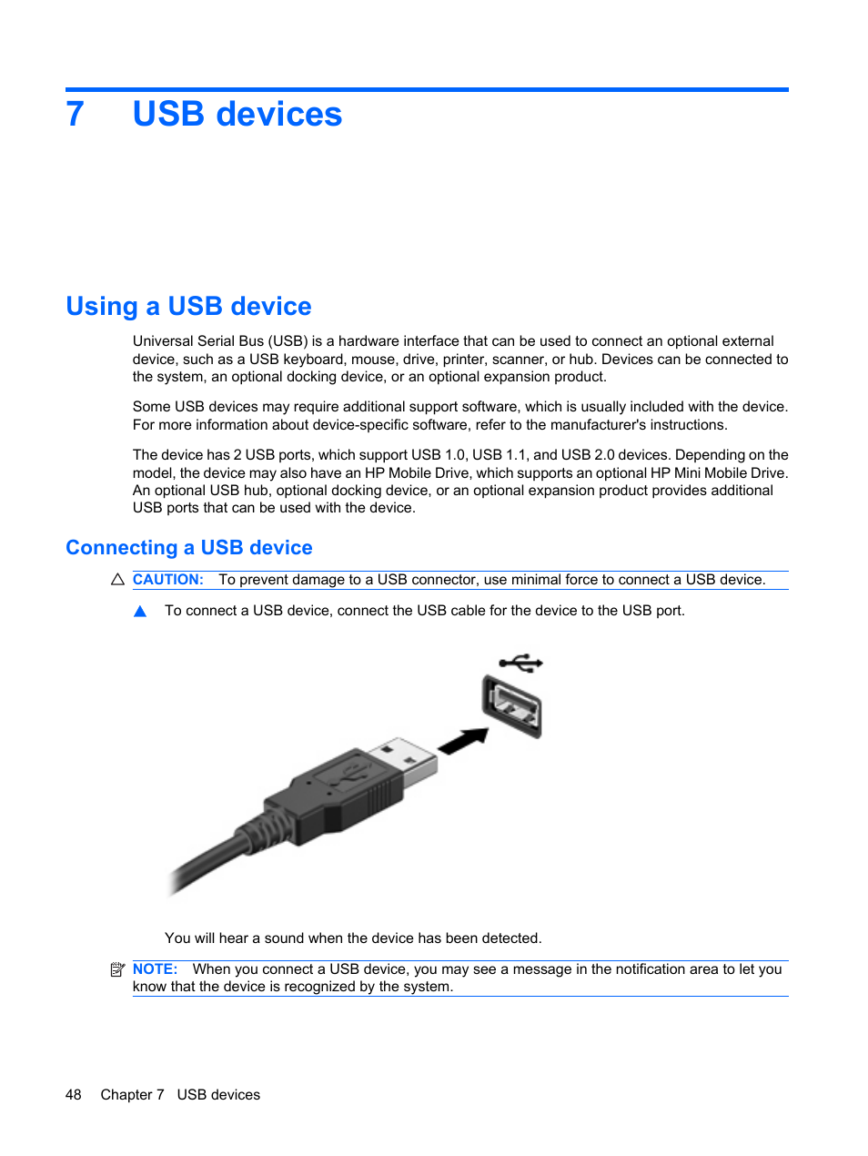 Usb devices, Using a usb device, Connecting a usb device | 7 usb devices, 7usb devices | HP Mini 1132TU PC User Manual | Page 58 / 86