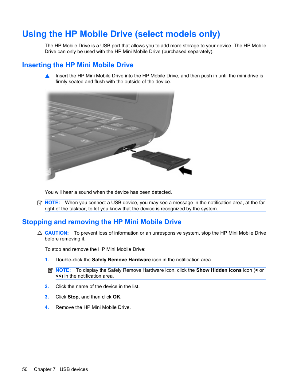 Using the hp mobile drive (select models only), Inserting the hp mini mobile drive, Stopping and removing the hp mini mobile drive | HP Mini 1132TU PC User Manual | Page 60 / 86