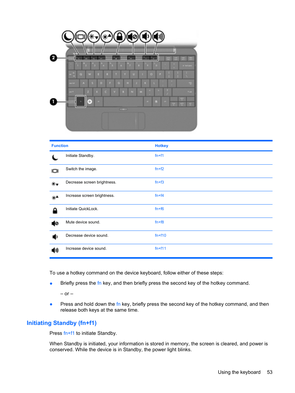 Initiating standby (fn+f1) | HP Mini 1132TU PC User Manual | Page 63 / 86