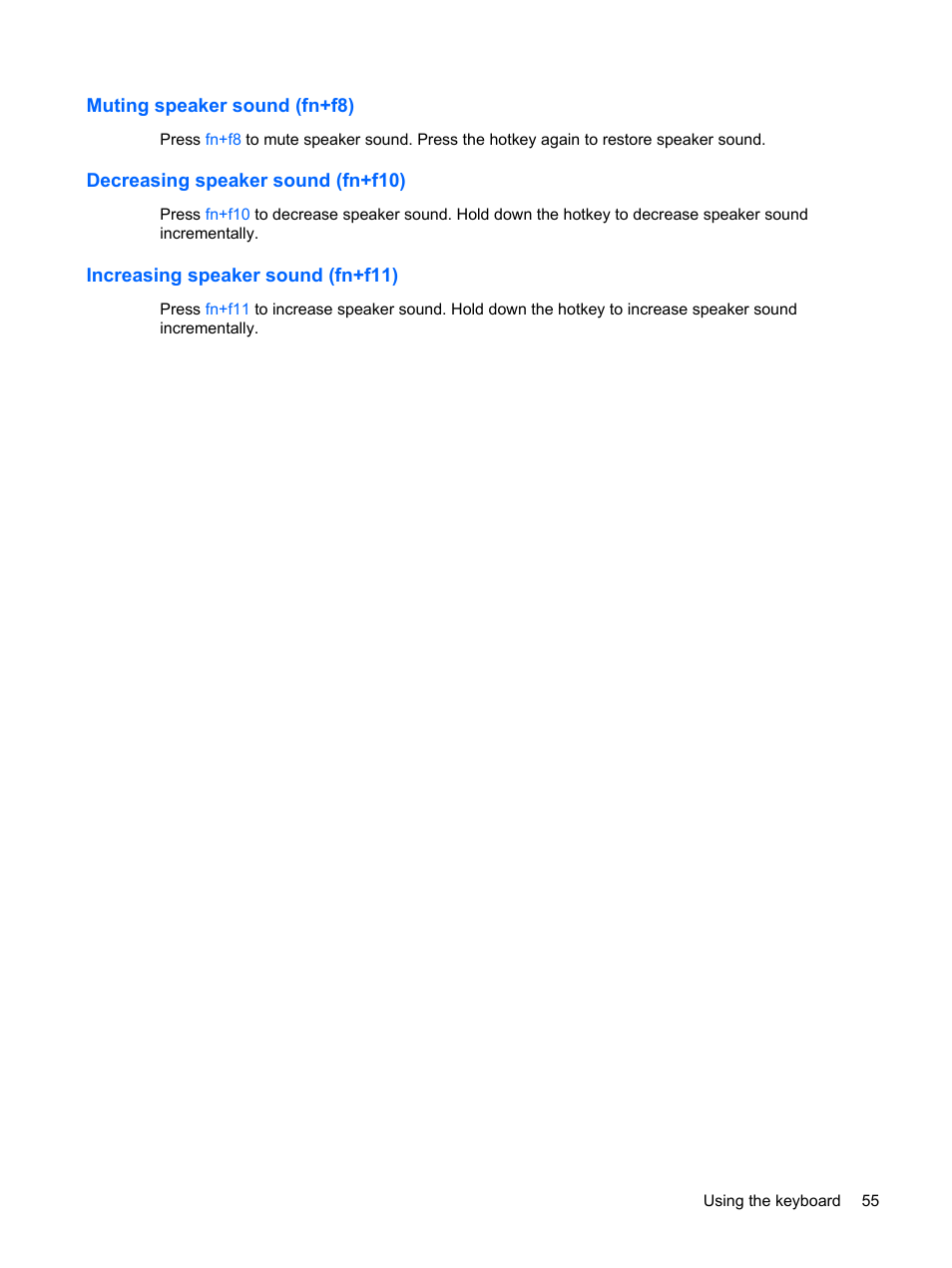 Muting speaker sound (fn+f8), Decreasing speaker sound (fn+f10), Increasing speaker sound (fn+f11) | HP Mini 1132TU PC User Manual | Page 65 / 86